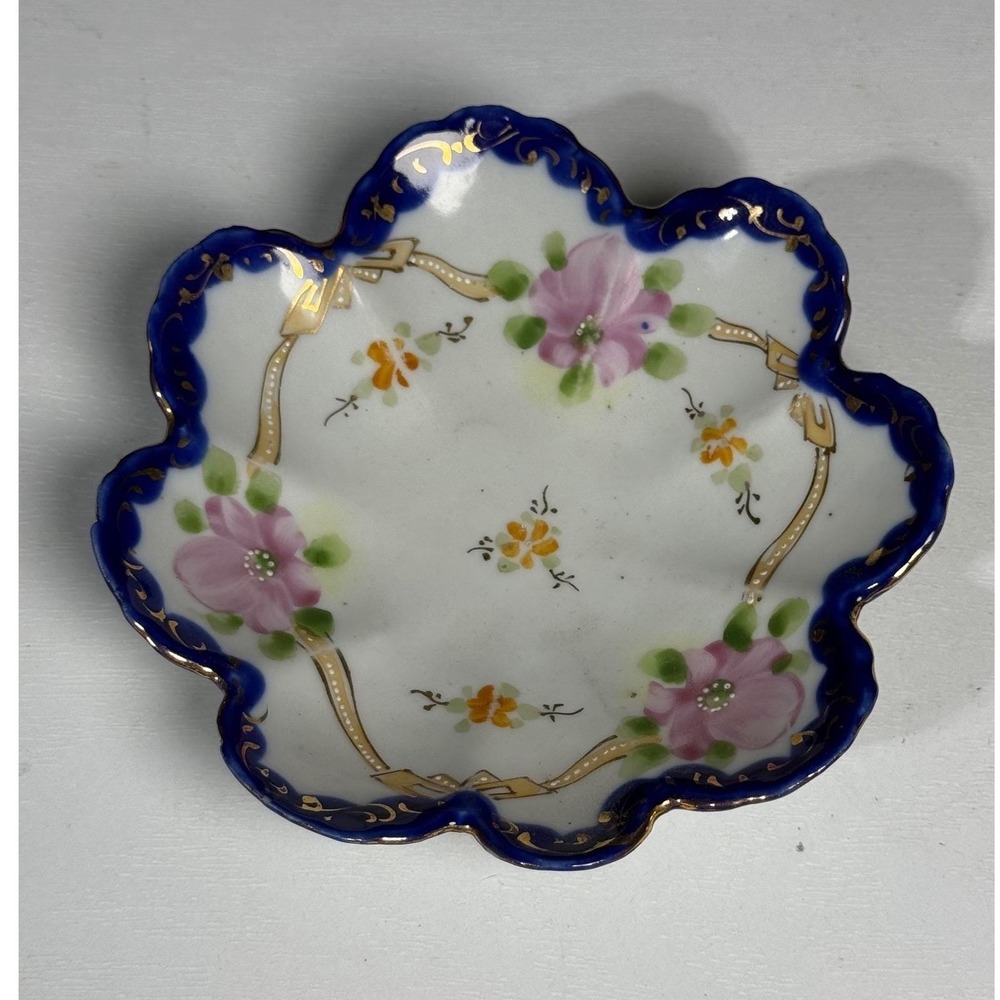 Vintage Moriage Porcelain Floral Trinket Dish Small Decorative Plate Cobalt Gold